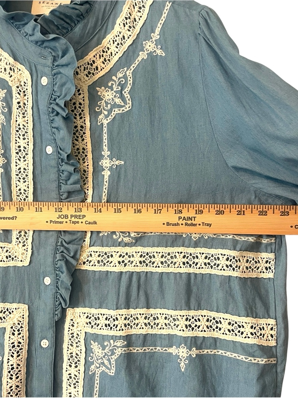 Sézane Ulysse Chambray Blouse US 14 EU 46 Blue Ruffle Lace Embroidered Top - Picture 6 of 10